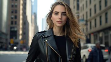 Confident woman walking in an urban setting during daylight photo