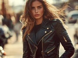 Stylish woman in urban setting wearing a leather jacket photo