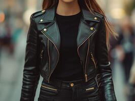 Stylish leather jacket worn by a woman in urban setting photo