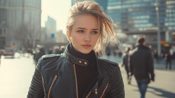 Young woman in stylish jacket walks through urban setting photo