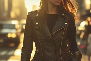 Stylish woman walking in city at sunset with soft light photo