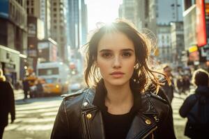 Young woman walking through a busy urban street in sunlight photo