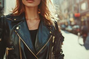 Woman wearing a leather jacket in urban setting during sunset photo