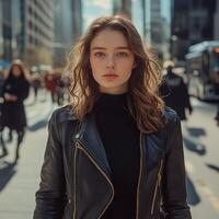 Young woman in leather jacket walks through busy city street photo