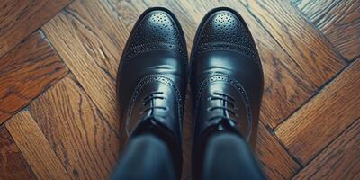 Black leather shoes on a wooden floor photo