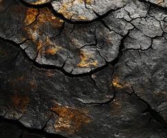 Unique textures of cracked charcoal surface in close-up photo