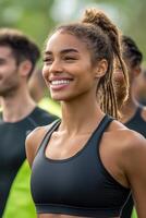 Smiling participants at outdoor fitness event in sunny weather photo