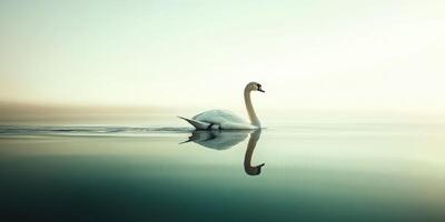 A swan swimming in the water with a reflection photo