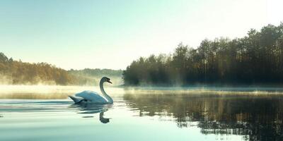 A swan swimming on a lake surrounded by trees photo