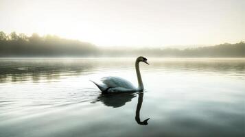 A swan swimming in a lake at sunrise photo
