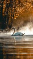 A swan swimming in the water with fog photo