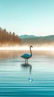 A swan is standing on the water in front of a forest photo
