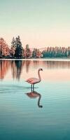 A swan is standing on the water in a lake photo