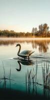 A swan is swimming on a lake in the morning photo