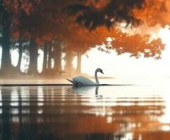 A swan is floating on the water in front of trees photo