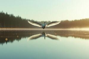 A white swan flying over a lake with mist photo