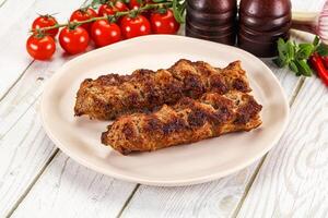Two meat skewers on a plate with tomatoes and spices photo