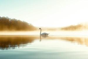 A swan is swimming in a lake with mist photo