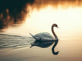A swan swimming in a lake at sunset photo