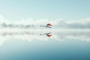 A swan flying over a lake with mist photo