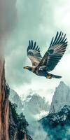 Majestic eagle soaring through mountains under cloudy sky photo