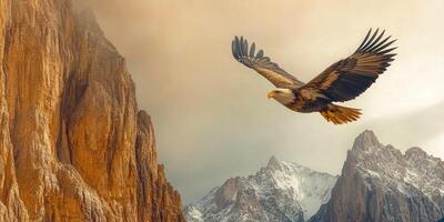 An eagle flies over a mountain range photo