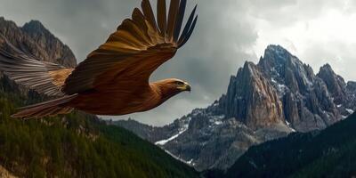 A large eagle flying over a mountain range photo