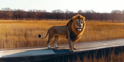 Majestic lion standing proud in golden grassland during sunset photo