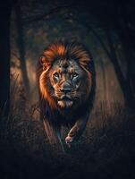 Majestic lion walking through misty forest during golden hour photo