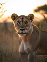 Lioness stands gracefully in golden sunset light in savannah photo
