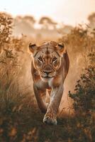 Lioness walks through tall grass at sunset in the savanna photo