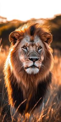 Majestic lion stands tall in golden grass during sunset