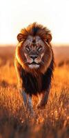 Majestic lion walking through golden grasslands at sunset photo