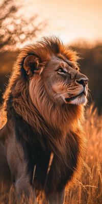 Majestic lion poses in golden sunset light on savannah