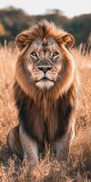 A lion sitting in the middle of a field photo