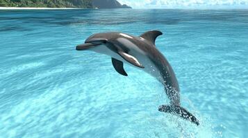 Dolphin leaps joyfully in clear turquoise ocean waters photo