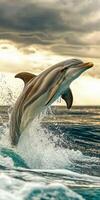Dolphin leaps gracefully above the ocean waves at sunset photo