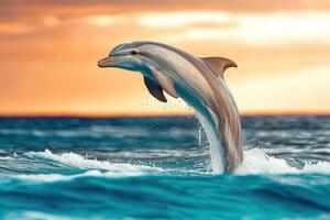 Dolphin leaps joyfully against a vibrant sunset backdrop photo