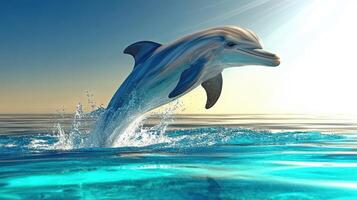 Dolphin leaps gracefully above crystal clear ocean waters at sunset photo