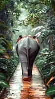 Elephant walks through lush forest pathway after rain photo