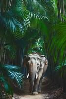 Majestic elephant walking through a lush jungle pathway photo