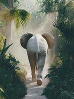 Elephant walking through lush jungle path in the morning light photo