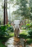 Majestic elephant walking through tranquil forest oasis photo