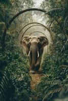 Elephant walking through a lush green jungle pathway photo