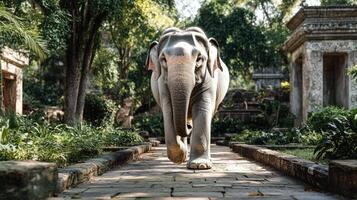 Elephant walking on a stone path in a lush garden photo