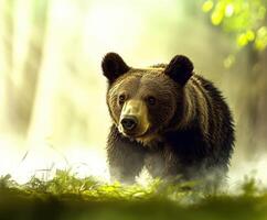 Grizzly bear exploring a misty forest setting in the daytime photo