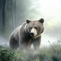 Majestic grizzly bear walking in misty forest during early morning photo