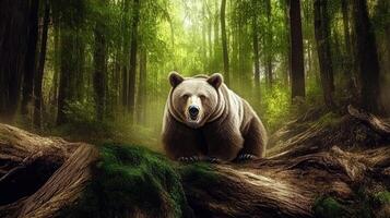 Majestic bear resting in a serene forest setting at midday photo