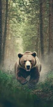 Bear charging through a forest with intensity in the summer photo
