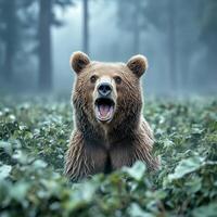 Majestic bear roaring in a misty forest during early morning photo
